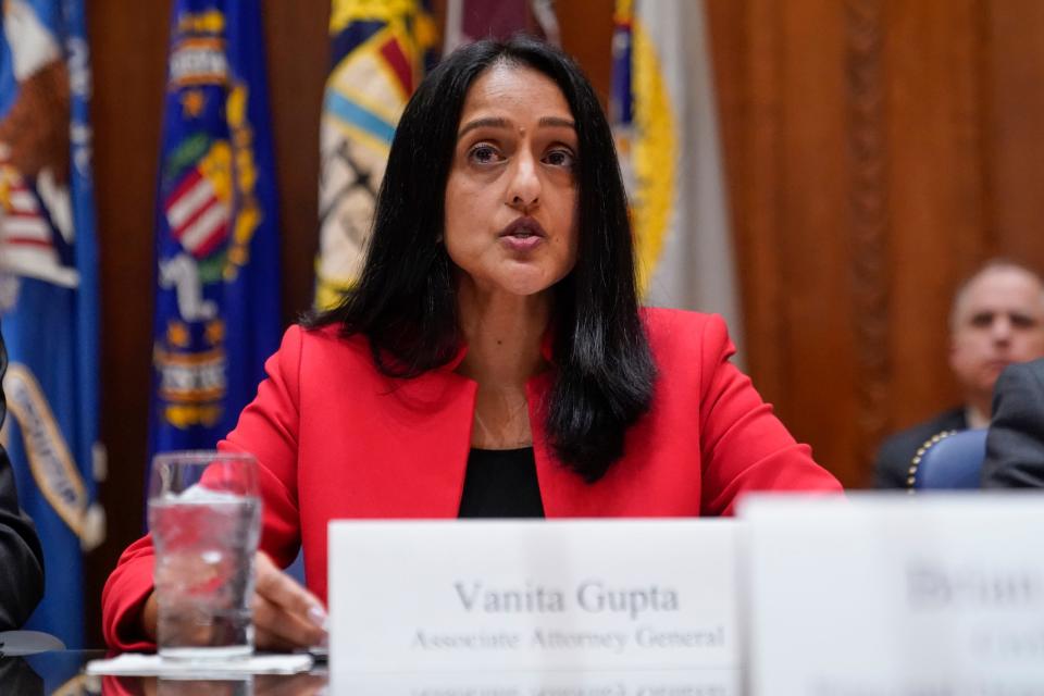 Associate Attorney General Vanita Gupta speaks during a Reproductive Rights Task Force meeting at the Department of Justice in Washington on Jan. 23.