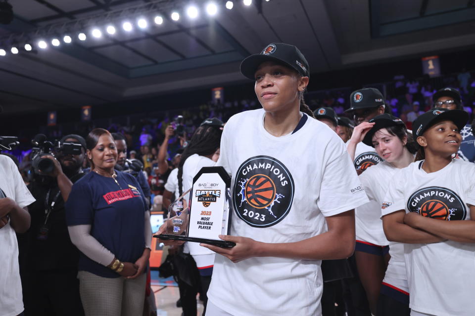 Mississippi's Madison Scott holds her MVP trophy after defeating Michigan in the Battle 4 Atlantis NCAA college basketball tournament at Paradise Island, Bahamas, Monday, Nov. 20, 2023. (Tim Aylen/Bahamas Visual Services via AP)