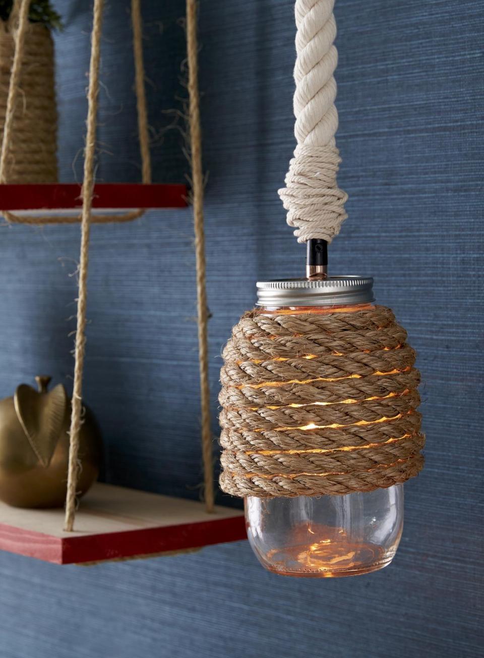 Rope-Covered Hanging Mason Jar Lamp