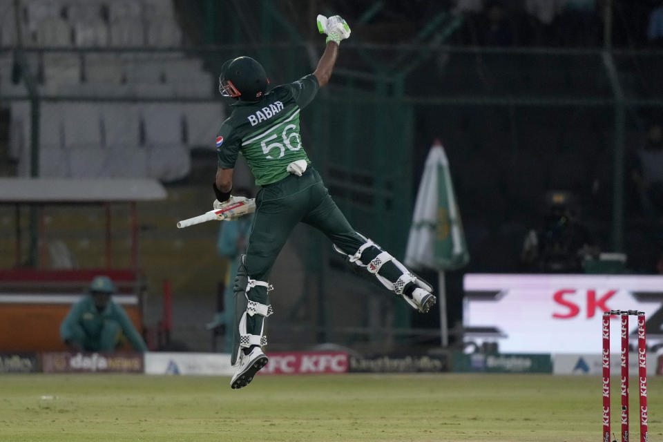 Pakistan's Babar Azam celebrates after scoring century during the fourth one-day international cricket match between Pakistan and New Zealand, in Karachi, Pakistan, Friday, May 5, 2023. (AP Photo/Fareed Khan)