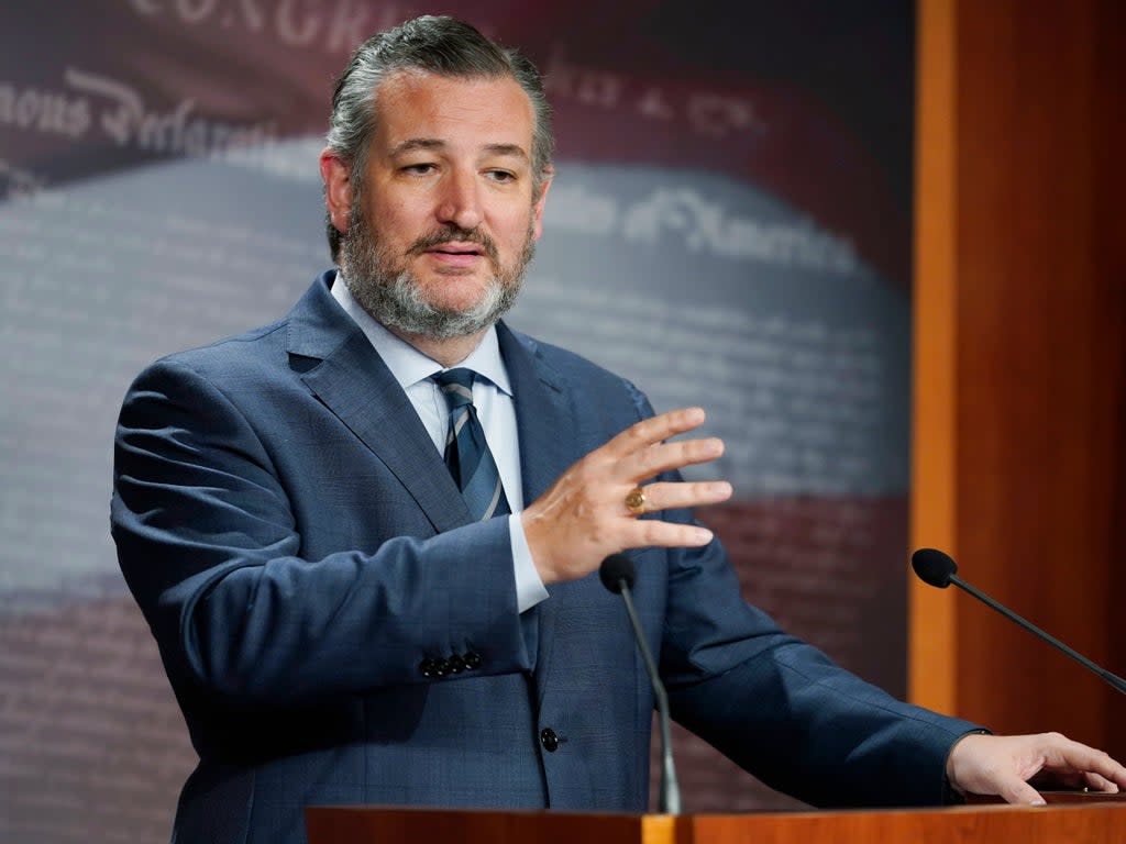 Ted Cruz speaks during a press conference as the Senate holds a confirmation vote for Supreme Court nominee Judge Ketanji Brown Jackson on Capitol Hill, Thursday, April 7, 2022 (AP)