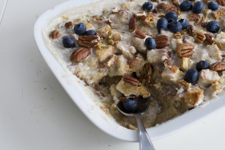 In this image taken on Jan. 28, 2013, banana bourbon bread pudding is shown in a serving dish in Concord, N.H. (AP Photo/Matthew Mead)