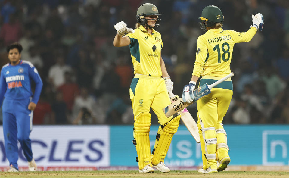 Ellyse Perry, pictured here with Phoebe Litchfield after Australia's win over India in the second T20.