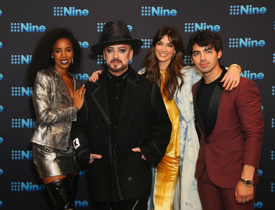 Delta and Joe with fellow judges Kelly Rowland and Boy George. Source: Getty