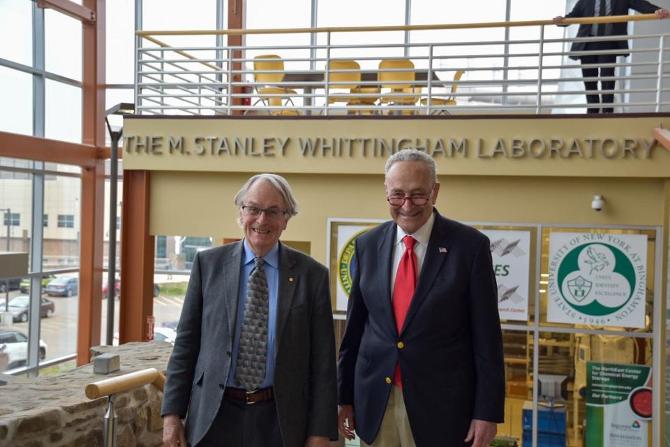 Dr. Stanley Whittingham, left, stands with Senate Majority Leader Chuck Schumer during an event at the M. Stanley Whittingham Laboratory at Binghamton University. Schumer invited Whittingham to attend the 2023 State of the Union to highlight Binghamton's role in the growing battery economy.