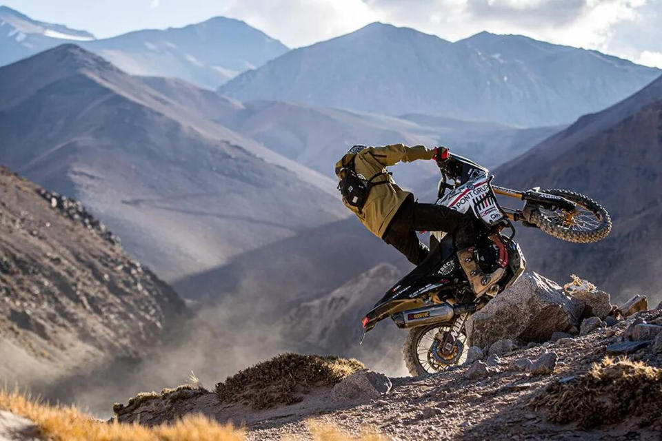 Pol Tarrés play riding on an adventure motorcycle