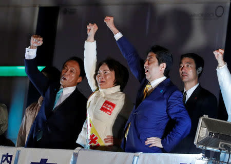 Japan's Prime Minister Shinzo Abe, leader of the Liberal Democratic Party, and Japan's Deputy Prime Minister Taro Aso (L) attend an election campaign rally in Tokyo, Japan October 21, 2017. REUTERS/Kim Kyung-Hoon