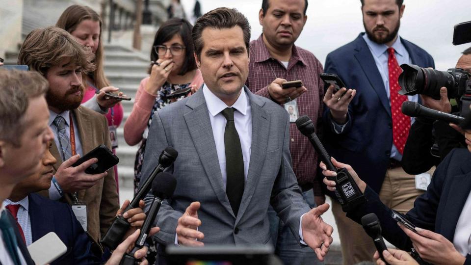 PHOTO: US Representative Matt Gaetz speaks to the press outside the US Capitol after voting in the House in Washington, DC, Sept. 29, 2023. (Andrew Caballero-reynolds/AFP via Getty Images)