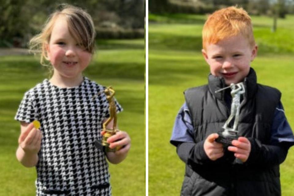Delighted young golfers Harper (left ) and Jacob after Trefloyne's first adult and junior Texas Scramble. <i>(Image: Trefloyne Junior Golf Academy)</i>