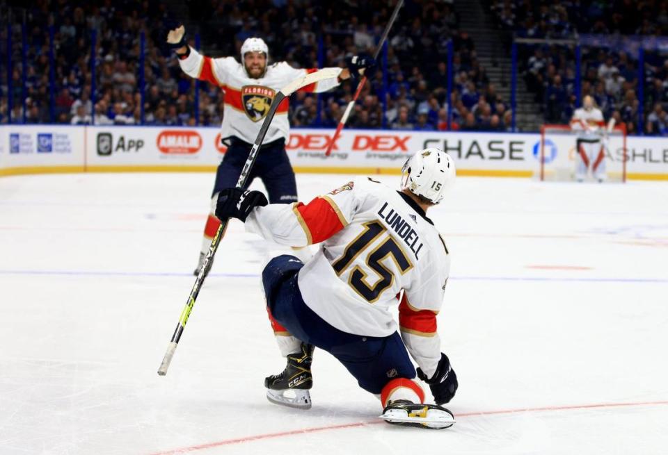 TAMPA, FLORIDA - OCTOBER 19: Anton Lundell #15 of the Florida Panthers celebrates a goal in the third period during a game against the Tampa Bay Lightning at Amalie Arena on October 19, 2021 in Tampa, Florida. (Photo by Mike Ehrmann/Getty Images)