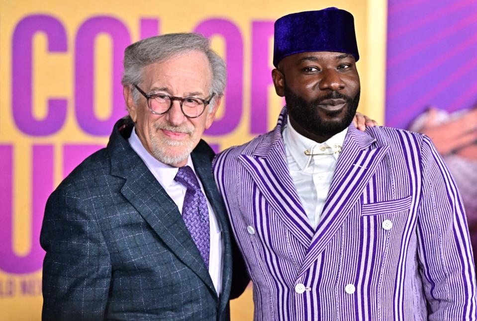 Filmmaker Steven Spielberg, left, and director Blitz Bazawule attend the world premiere of "The Color Purple" at the Academy Museum in Los Angeles on Dec. 6, 2023.