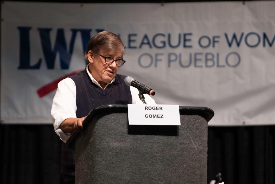 Roger Gomez speaks as a candidate for the Pueblo City Council District 4 seat during the 2023 Greater Pueblo Chamber of Commerce candidate debates at Memorial Hall on Wednesday, October 4, 2023