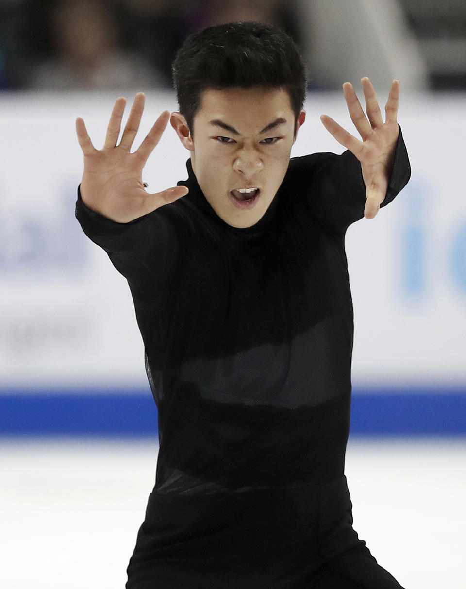 FILE - Nathan Chen performs during the men's free skate event at the U.S. Figure Skating Championships in San Jose, Calif., Saturday, Jan. 6, 2018. Chen finished fifth in the men’s figure skating event at the Pyeongchang Games, following a fiasco of a short program for 17th place with a rousing free skate that he won to lift him near the medals podium. Since then, Chen took gold at every competition until Skate America this past October. That includes three world titles, the only two Grand Prix finals held, and the three most recent of his five consecutive U.S. championships. (AP Photo/Tony Avelar, File)