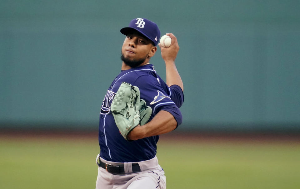 Tampa Bay Rays starting pitcher Luis Patino delivers during the first inning of the team's baseball game against the Boston Red Sox at Fenway Park, Tuesday, Aug. 10, 2021, in Boston. (AP Photo/Charles Krupa)