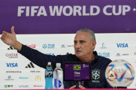 Brazil's head coach Tite speaks during a press conference on the eve of the group G of World Cup soccer match between Brazil and Serbia, in Doha, Qatar, Wednesday, Nov. 23, 2022. (AP Photo/Andre Penner)