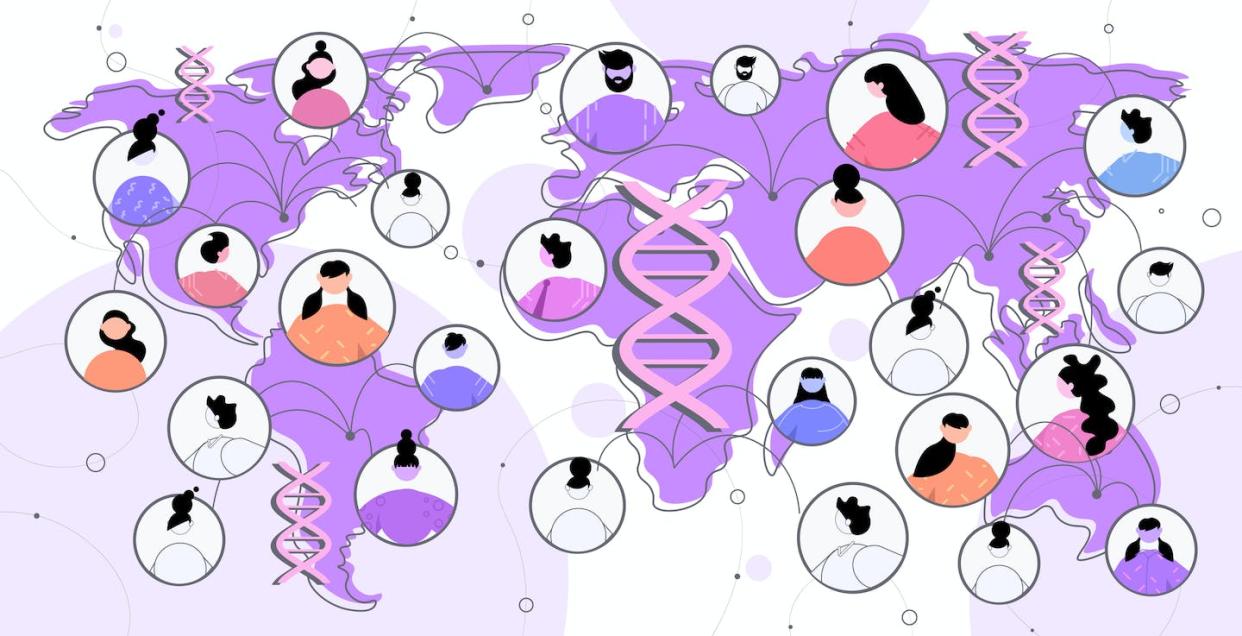 Ethical and equitable scientific collaboration could help increase the genetic diversity of genomic data. <a href="https://www.gettyimages.com/detail/illustration/scientists-on-world-map-discussing-during-royalty-free-illustration/1322363700" rel="nofollow noopener" target="_blank" data-ylk="slk:gmast3r/iStock via Getty Images Plus;elm:context_link;itc:0;sec:content-canvas" class="link ">gmast3r/iStock via Getty Images Plus</a>