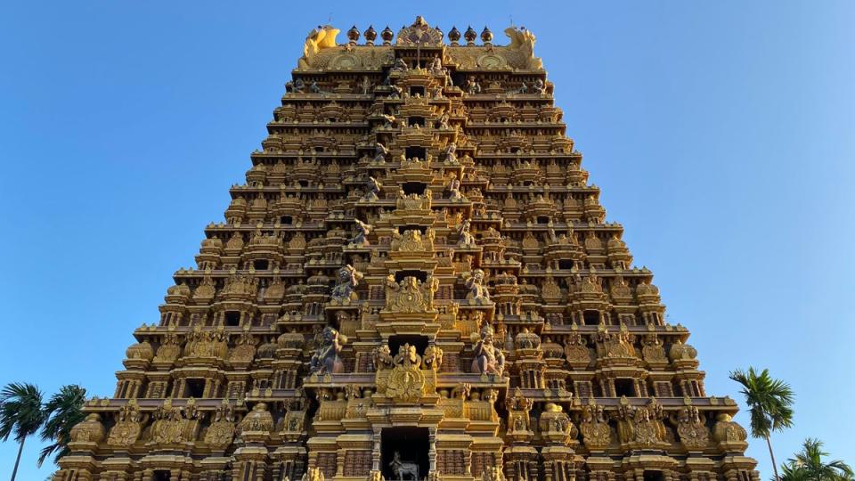The tower of Nallur Kandaswamy Kovil, a temple in Jaffna, is ornately carved (Getty Images)