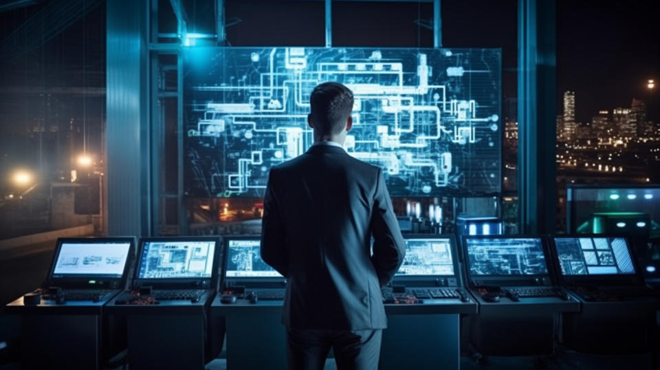 An executive in a power plant control booth overseeing the efficient energy production.