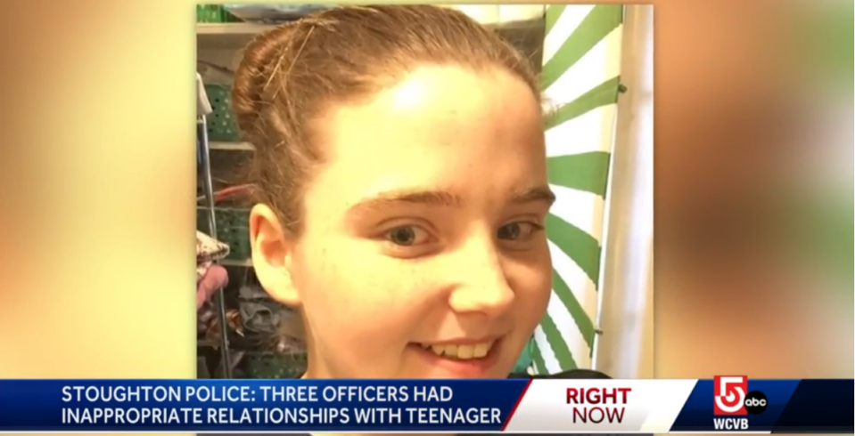 Three police officers in Massachusetts were reportedly engaged in an ‘inappropriate relationship’ with Sandra Birchmore, 23, who died by suicide last year (WCVB/video screengrab)