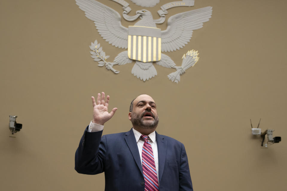 Special Counsel Henry Kerner is sworn in to testify before the House Oversight and Reform Committee about his findings that presidential counselor Kellyanne Conway repeatedly violated the Hatch Act, a federal law that limits political activity by government workers, on Capitol Hill in Washington, Wednesday, June 26, 2019. Conway was labeled a "repeat offender" of the Hatch Act by disparaging Democratic presidential candidates while speaking in her official capacity during television interviews and on social media. (AP Photo/J. Scott Applewhite)