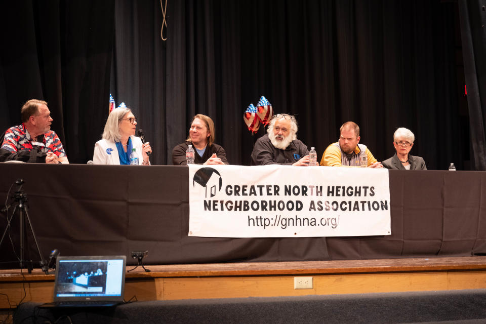 Candidates for Amarillo College Board of Regents address the audience Monday night at the Greater North Heights Neighborhood Association candidate forum at Carver Elementary School in Amarillo.
