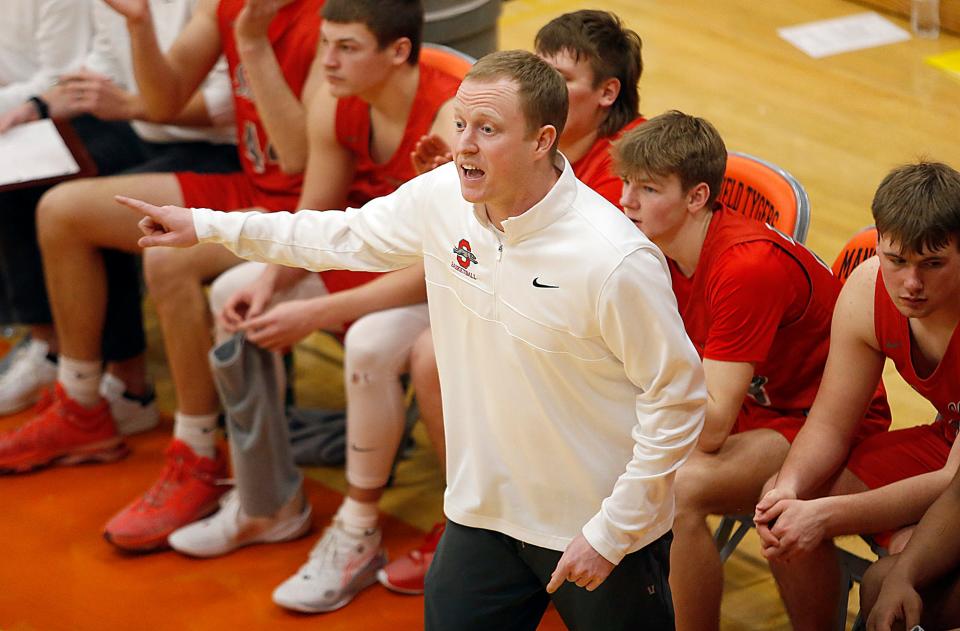 Shelby High School's head coach Greg Gallaway on the bench against Mansfield Senior High School during high school boys basketball action Saturday, Jan. 27, 2024 at Mansfield Senior High School. TOM E. PUSKAR/MANSFIELD NEWS JOURNAL