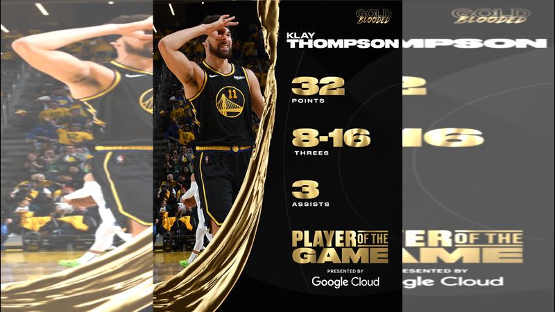 「K湯」湯普森（Klay Thompson）投進8顆三分球攻下32分。（圖／翻攝自勇士推特）