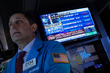 Trader works at a post as screen displays the headlines that the U.S. Federal Reserve raised interest rates on the floor of the New York Stock Exchange (NYSE) in New York, U.S., December 19, 2018. REUTERS/Brendan McDermid