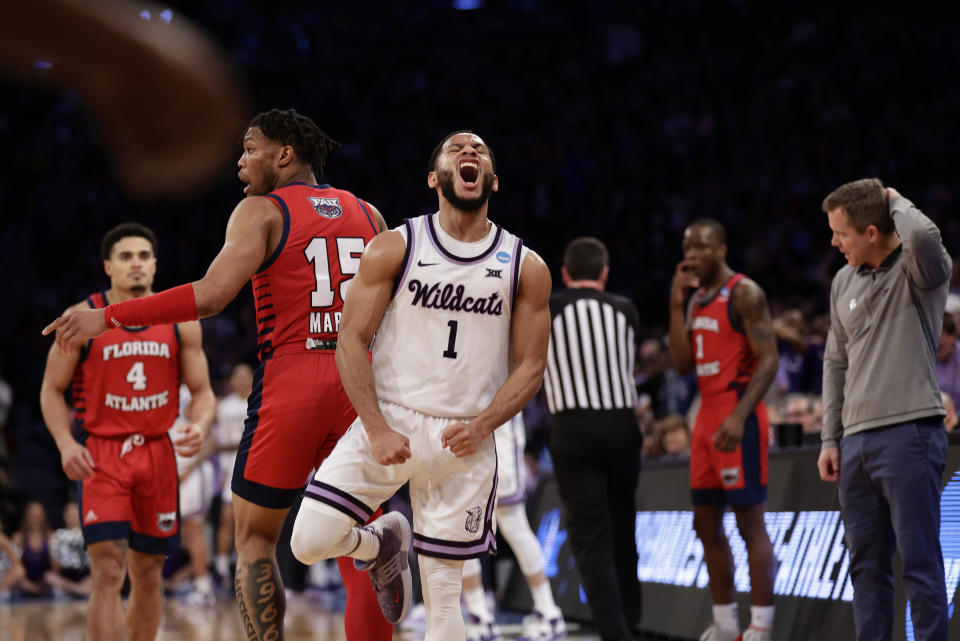 Kansas State's Markquis Nowell (1) reacts in the second half of an Elite 8 college basketball game against Florida Atlantic in the NCAA Tournament's East Region final, Saturday, March 25, 2023, in New York. (AP Photo/Adam Hunger)