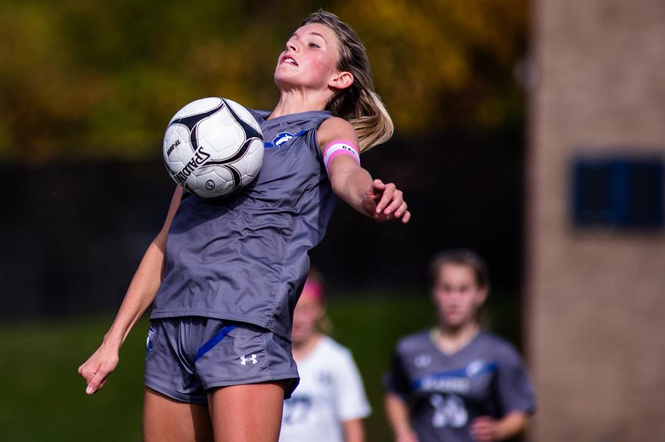 Millbrook's Hudson Heitmann chest bumps the ball during the girls Class C regional soccer game in Newburgh, NY on Saturday, November 5, 2022. Millbrook defeated Haldane. KELLY MARSH/FOR THE POUGHKEEPSIE JOURNAL