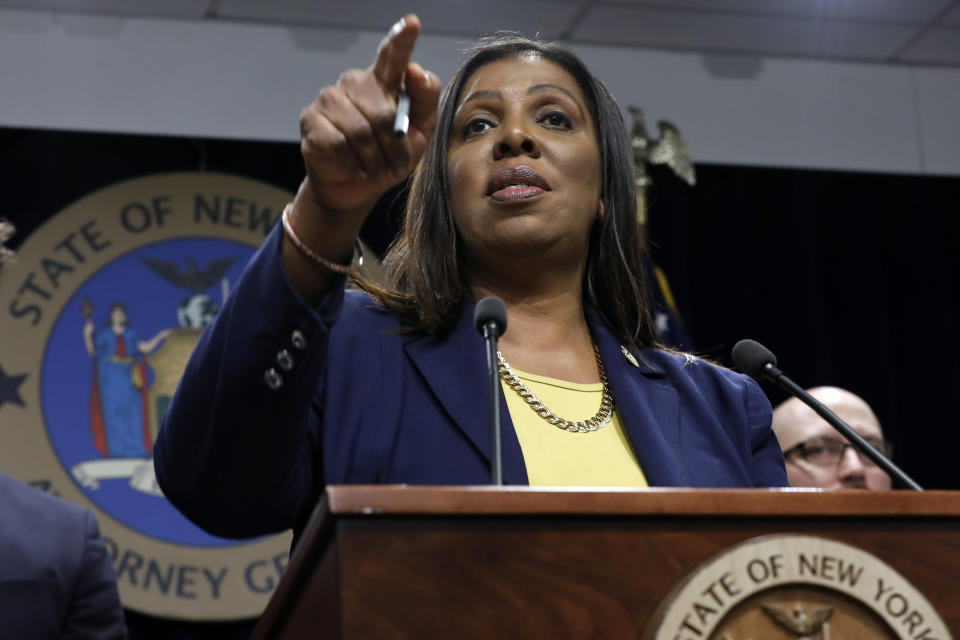 New York State Attorney General Letitia James speaks during a news conference at her office in New York, Tuesday, Nov. 19, 2019. New York has joined the ranks of states suing the nation's biggest e-cigarette maker, San Francisco based JUUL Labs. (AP Photo/Richard Drew)