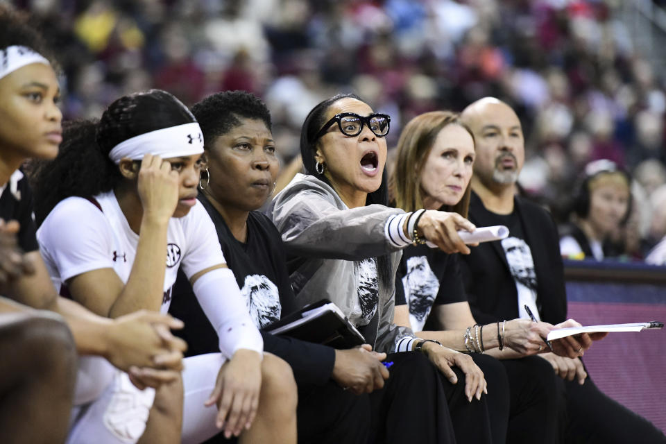 South Carolina head coach Dawn Staley shouts at players during the second half of an NCAA college basketball game Monday, Jan. 20, 2020, in Columbia, S.C. South Carolina defeated Mississippi State 81-79. (AP Photo/Sean Rayford)