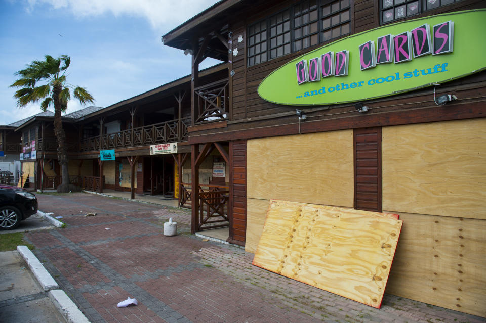 Windows of a restaurant are boarded up as part of preparations for arrival of Hurricane Irma on in Simpson Bay, on the French overseas island of Saint-Martin.