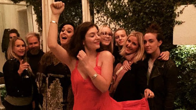 Uh-oh. Looks like there could be some inner drama brewing when it comes to Taylor Swift's famous group of gal pals. Lorde and Ellie Goulding are clearly not picking sides when it comes to their close pal Taylor's feud with Katy Perry, as evidenced by this recent pic of the two of them hanging with the "Dark Horse" singer among other friends. Instagram <strong>NEWS: Taylor Swift Struts Stage With Model BFFs Martha Hunt & Gigi Hadid</strong> But do they want to be undercover about their friendship with Katy? The "Love Me Like You Do" singer posted the snapshot above on Instagram on Sunday -- but perhaps after getting called out by Taylor's always dedicated fans -- later deleted it. Still, both ladies' tweets referencing their hangout with Katy are still up, sans picture. Ellie says she doesn't "really remember" the event. last night i unintentionally went out looking like the ���� emoji and i can tell you it's a GREAT feeling— Lorde (@lordemusic) May 31, 2015 Don't really remember this but... good times ���� https://t.co/MkzxJG8hjH— Ellie Goulding (@elliegoulding) May 31, 2015 Some fans have questioned Lorde's noticeable absence from Taylor's star-studded "Bad Blood" music video, and in April, both Taylor and Lorde shut down rumors that they were fighting. Though it's worth noting that Katy, Lorde, and Ellie have been spotted together before, dancing together at the Brit Awards After Party last February. <strong>WATCH: Katy Perry Makes a Case for Herself as Taylor Swift's 'Mean Girl' Nemesis</strong> In January, Katy confirmed that her <em>Mean Girls</em> tweet last September -- reading "Watch out for the Regina George in sheep's clothing..." -- was aimed at Taylor after the "Style" singer hinted to <em>Rolling Stone</em> that her song "Bad Blood" was about their reported feud. Watch below: