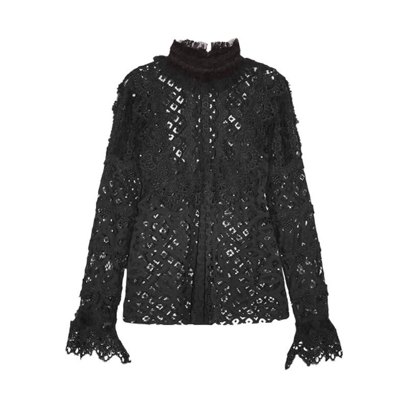 <a rel="nofollow noopener" href="http://rstyle.me/n/b3pkmijduw" target="_blank" data-ylk="slk:Ruffled Crocheted Lace and Mesh Blouse, Anna Sui, $275;elm:context_link;itc:0;sec:content-canvas" class="link ">Ruffled Crocheted Lace and Mesh Blouse, Anna Sui, $275</a>