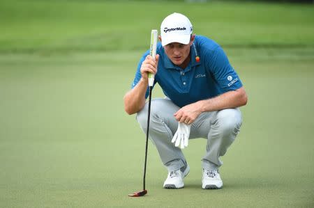 Sep 22, 2018; Atlanta, GA, USA; Justin Rose on the fourth green during the third round of the Tour Championship golf tournament at East Lake Golf Club. Mandatory Credit: John David Mercer-USA TODAY Sports