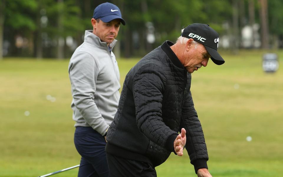 Rory McIlroy of Northern Ireland is pictured on the driving range with his swing coach Pete Cowen during a practice day prior to the abrdn Scottish Open at The Renaissance Club on July 06, 2021 in North Berwick, Scotland - GETTY IMAGES