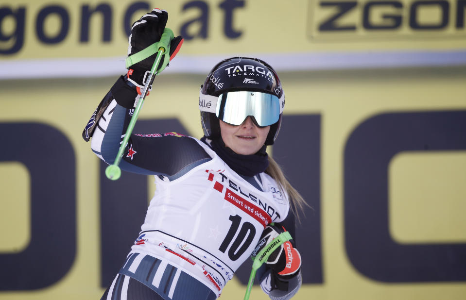 New Zealand's Alice Robinson celebrates in the finish area during an alpine ski, World Cup women's giant slalom in Jasna, Slovakia, Sunday, March 7, 2021. (AP Photo/Gabriele Facciotti)