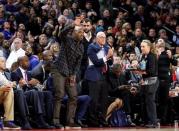 Jan 16, 2016; Auburn Hills, MI, USA; Detroit Pistons former player Chauncey Billups waves to the crowd during the second quarter against the Golden State Warriors at The Palace of Auburn Hills. The Pistons won 113-95. Mandatory Credit: Raj Mehta-USA TODAY Sports