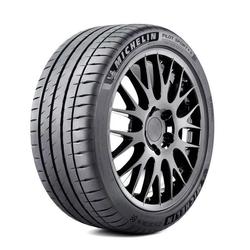 Michelin's Pilot Sport 4S tire displayed on a wheel at a 45-degree angle.