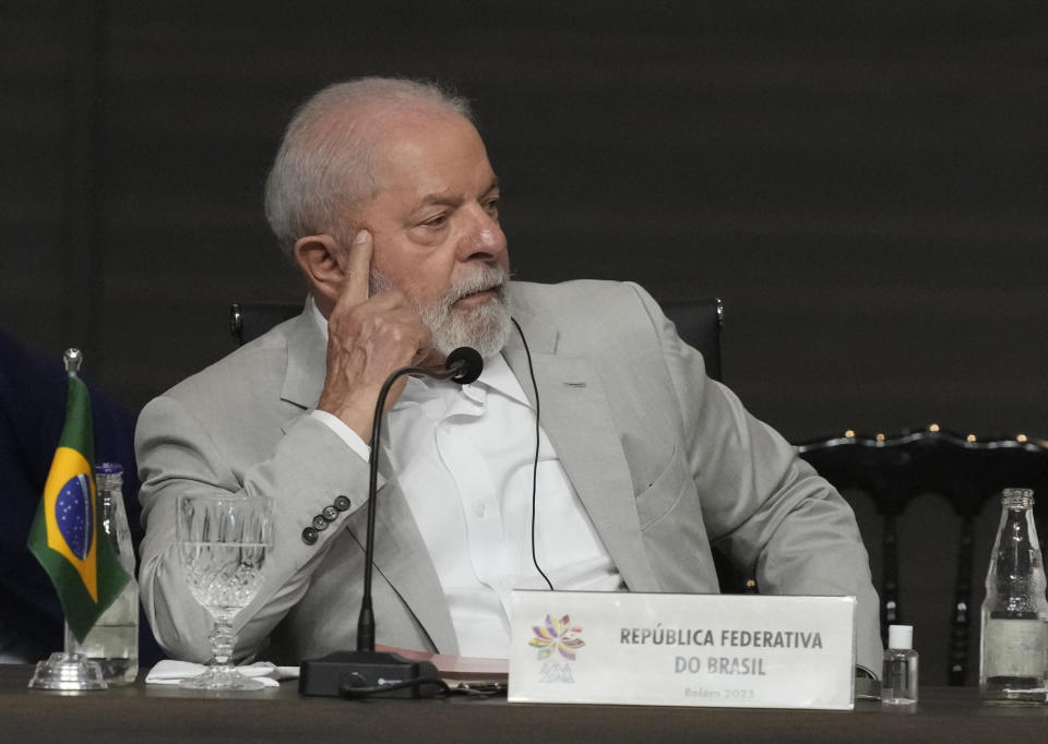 Brazil's President Luiz Inacio Lula Da Silva attends the Amazon Summit at the Hangar Convention Center in Belem, Brazil, Wednesday, Aug. 9, 2023. Belem is hosting the Amazon Cooperation Treaty Organization that is meeting to chart a common course for protection of the bioregion and to address organized crime. (AP Photo/Eraldo Peres)