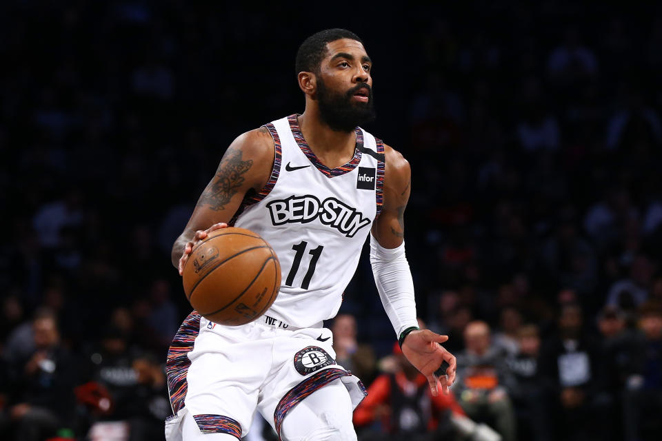 NEW YORK, NEW YORK - JANUARY 31:  Kyrie Irving #11 of the Brooklyn Nets in action against the Chicago Bulls at Barclays Center on January 31, 2020 in New York City. NOTE TO USER: User expressly acknowledges and agrees that, by downloading and or using this photograph, User is consenting to the terms and conditions of the Getty Images License Agreement. Brooklyn Nets defeated the Chicago Bulls 133-118. (Photo by Mike Stobe/Getty Images)