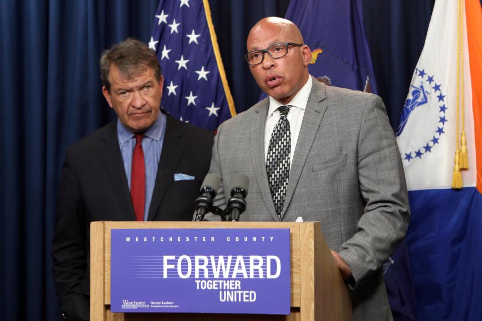 Terrance Raynor, the acting Commissioner of Public Safety, and County Executive George Latimer give an update on the Hutchinson River Parkway deadly crash, March 20, 2023 in White Plains.