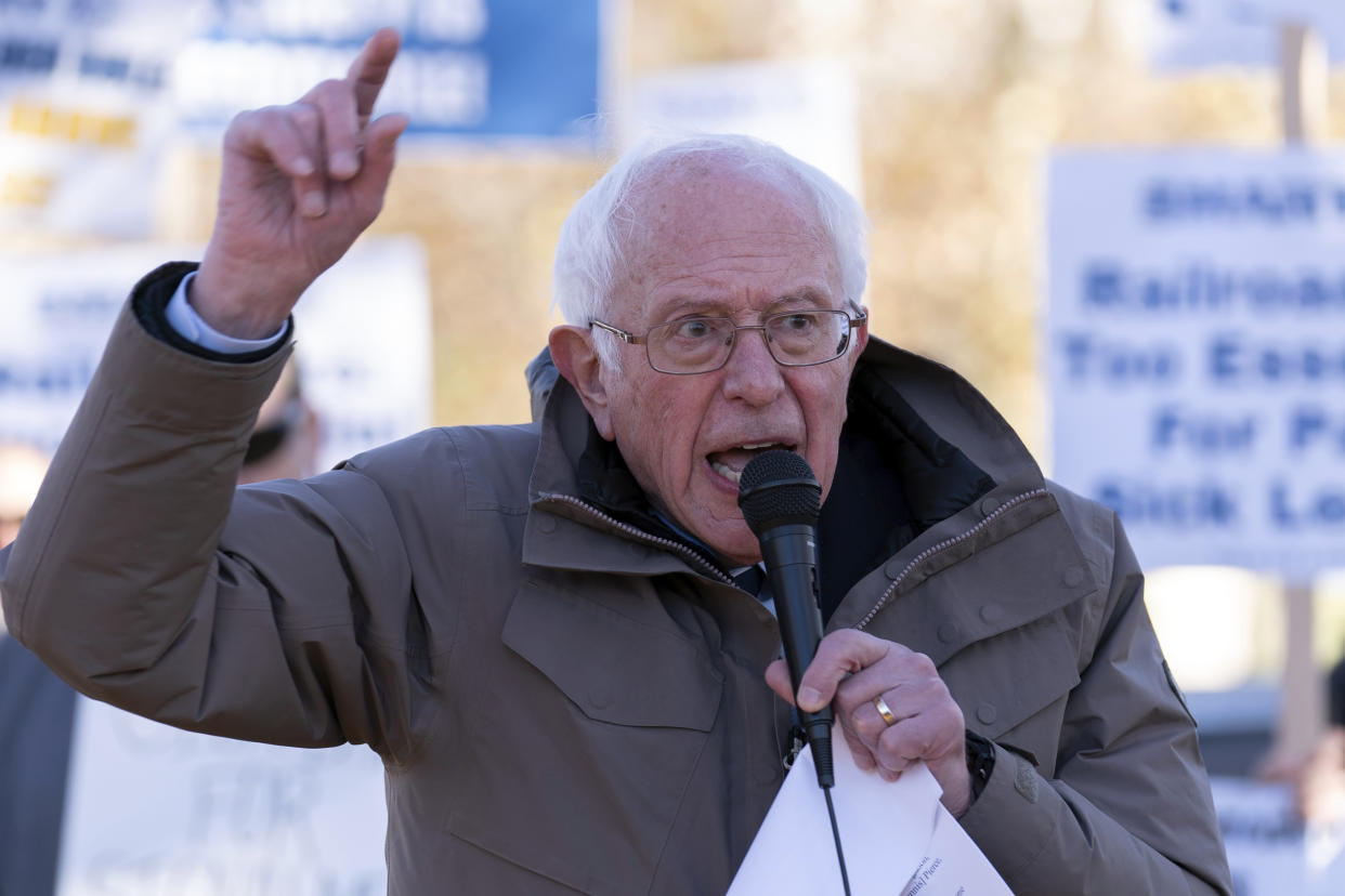 FILE - Sen. Bernie Sanders, I-Vt., speaks during a rail union workers rally outside of the U.S. Capitol in Washington, Tuesday, Dec. 13, 2022. Sanders, who did not rule out another presidential bid of his own, said Democrats are also at a “pivotal moment,” facing cracks in their delicate political coalition among young people, African Americans, Latinos and working-class voters. (AP Photo/Jose Luis Magana, File)