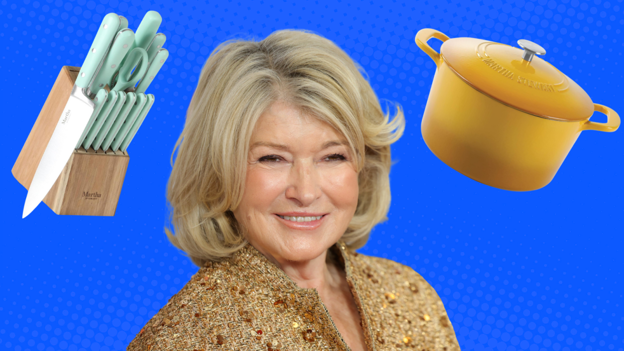 martha stewart on a blue background next to a teal knife set and yellow Dutch oven