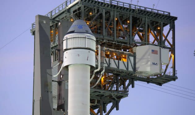 Perched atop its Atlas 5 rocket, Boeing’s CST-100 Starliner space taxi is being prepared for launch. (United Launch Alliance Photo)