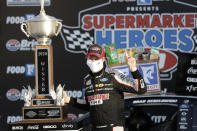 CORRECTS TO SUNDAY, MAY 31, 2020, NOT SATURDAY, MAY 30 - Brad Keselowski (2) celebrates after winning a NASCAR Cup Series auto race at Bristol Motor Speedway Sunday, May 31, 2020, in Bristol, Tenn. (AP Photo/Mark Humphrey)