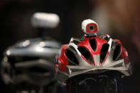 Polaroid's HD sports video camera is mounted on a helmet at the International Consumer Electronics Show in Las Vegas.