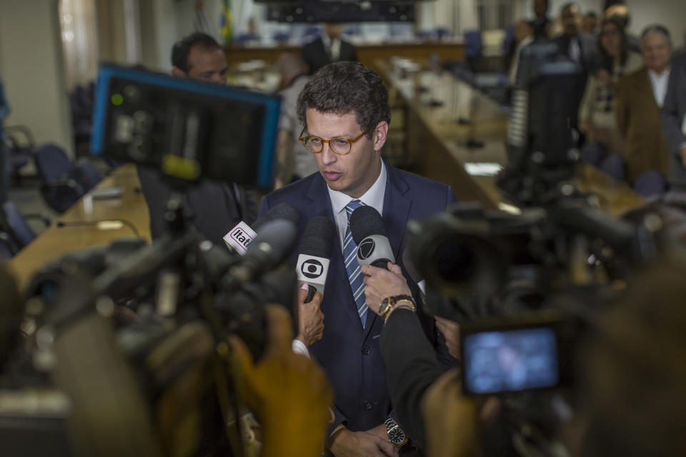 Ricardo Salles, Brazil's environment minister, speaks to journalists in Sao Paulo in August 2019. Activists say Salles is working to appease certain business sectors that form a crucial part of Bolsonaro's support base.<span class="copyright">Rodrigo Capote—Bloomberg/Getty Images</span>