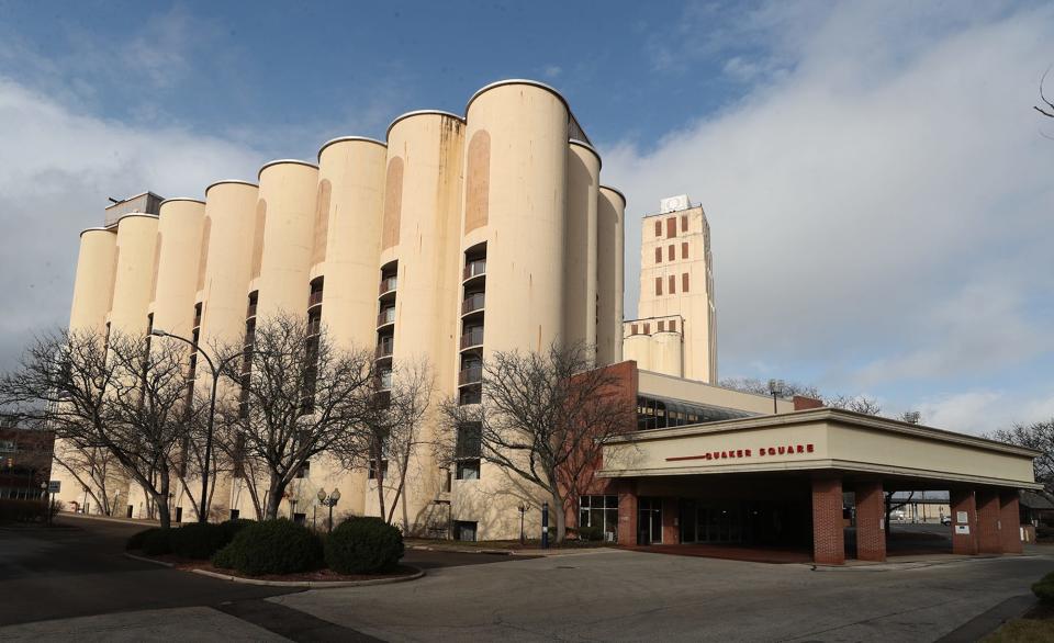 The Quaker Square Inn, housed in the former silos of a Quaker Oats factory, is at 135 S. Broadway in Akron.